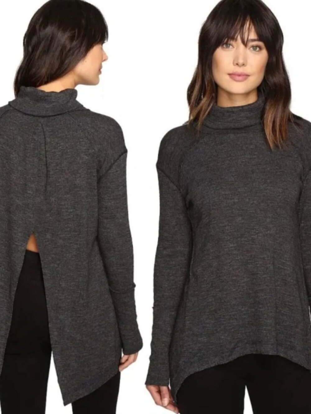 Free People We The Free Charcoal Gray Split-Back Turtleneck Sweater Boho Slouchy